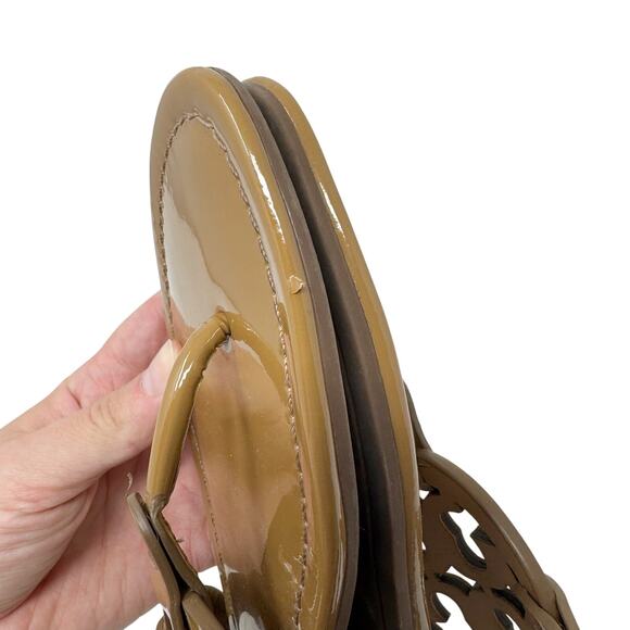 TORY BURCH Tan Caramel Patent Leather Miller Classic Designer Logo Sandals Sz 9 - Picture 5 of 8